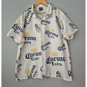 Corona Extra All Over Print White Button Up Short Sleeve Shirt Mens 2XL